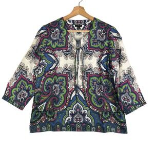 TALBOTS Blue Paisley print Blouse Women Silk‎ 10P Tunic 1/3 sleeve tie V-neck